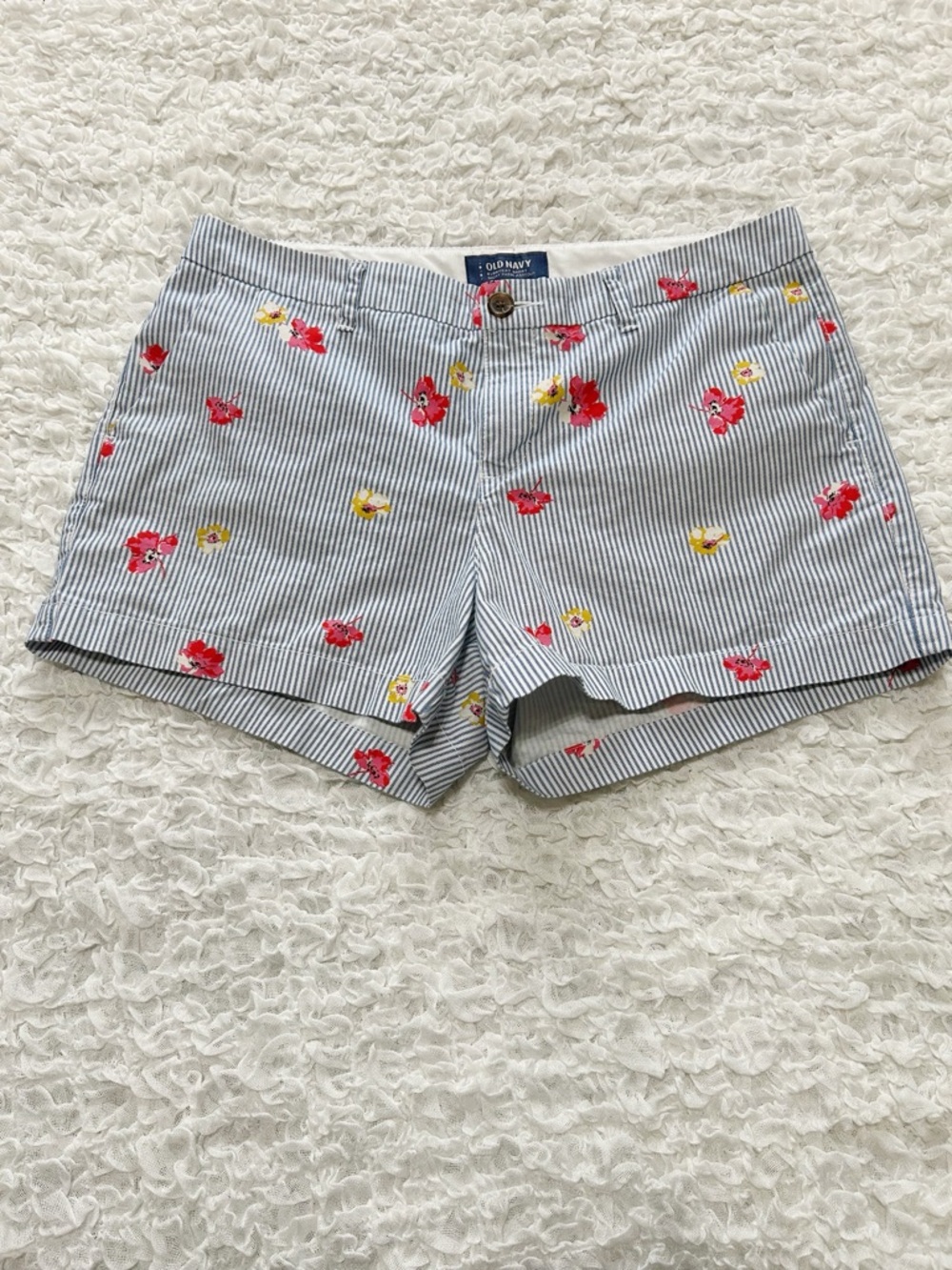 Old Navy Blue Stripe Floral Cotton Shorts 8 Beachy Romantic Cotton